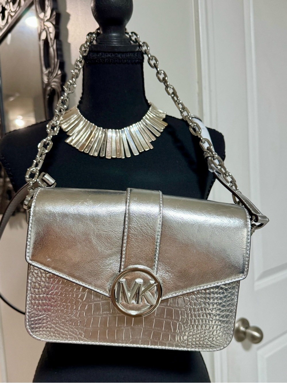 Michael Kors Metallic Silver MK Chain Crossbody Bag